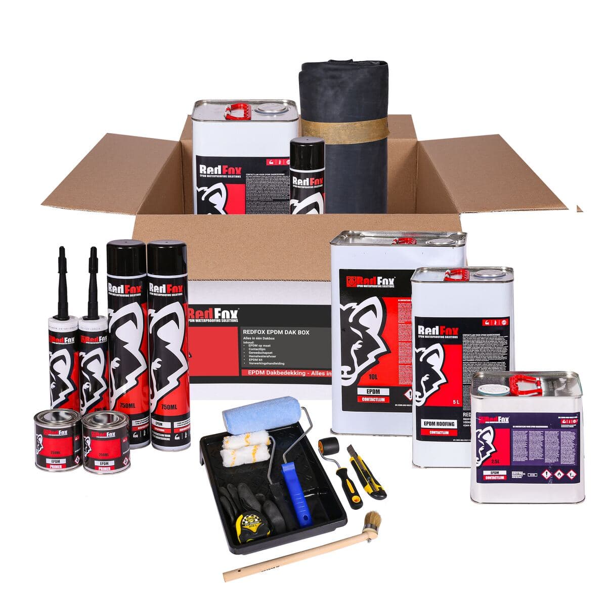 Redfox EPDM Dakbox: folie op maat, lijm, primer, kit, randen en gereedschap