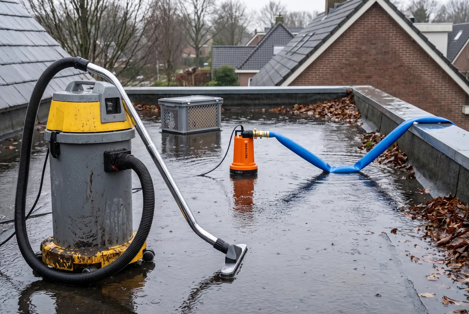 Waterzuiger en dompelpomp samen op een nat plat dak